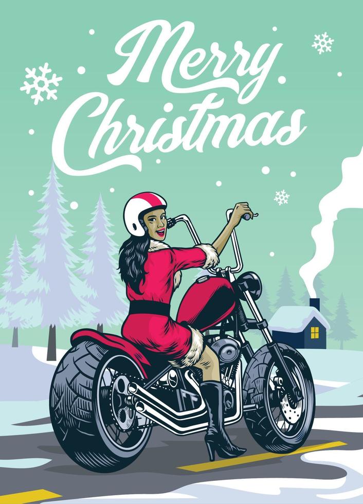 lady biker in santa claus costume at the middle of christmas winter vector