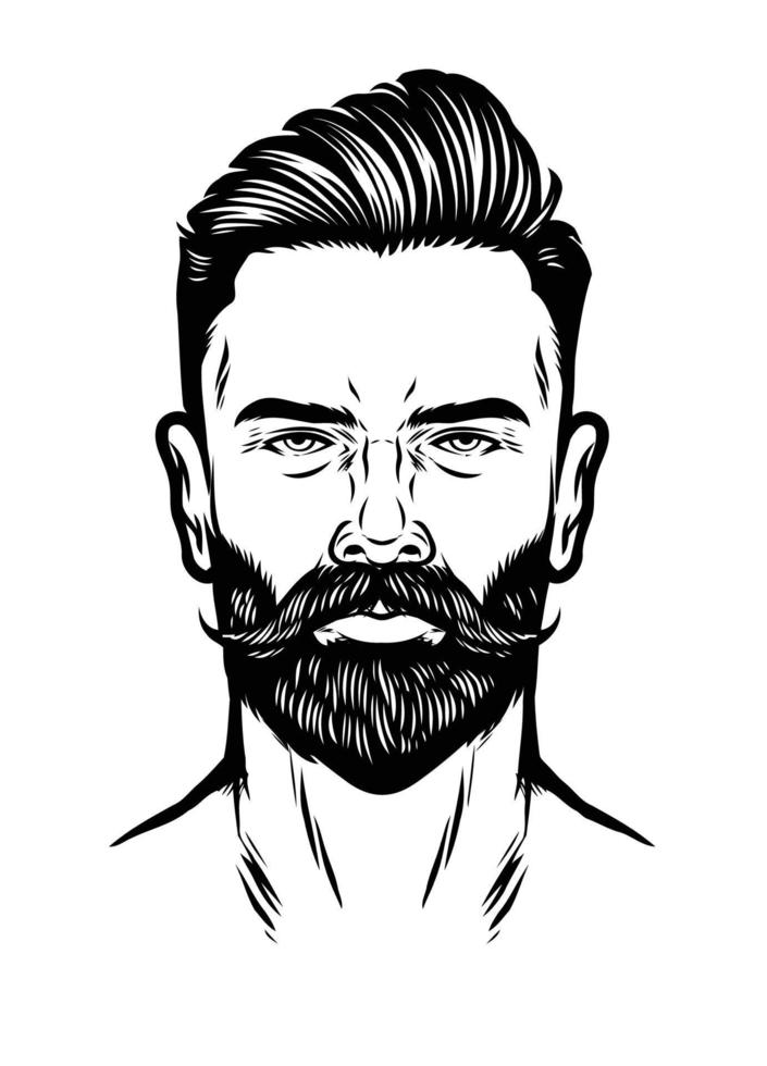 handdrawn man head with beard and pompadour hairstyle vector