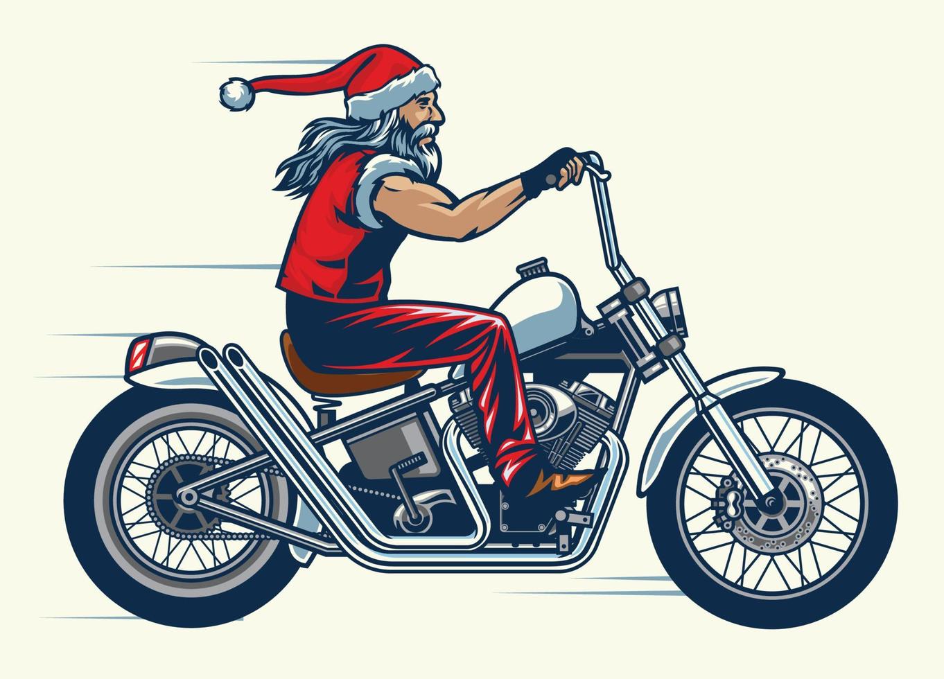 motocicleta jinete paseo el helicóptero bicicleta y vestido en Papa Noel claus disfraz vector