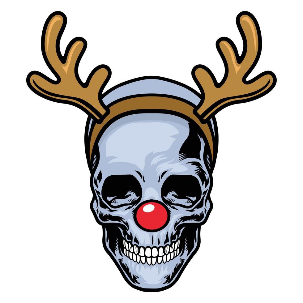 skull wearing red nose and reindeer headband vector