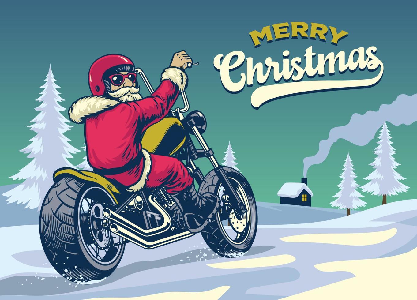 Clásico estilo mano dibujado de Papa Noel claus cabalgando helicóptero motocicleta vector