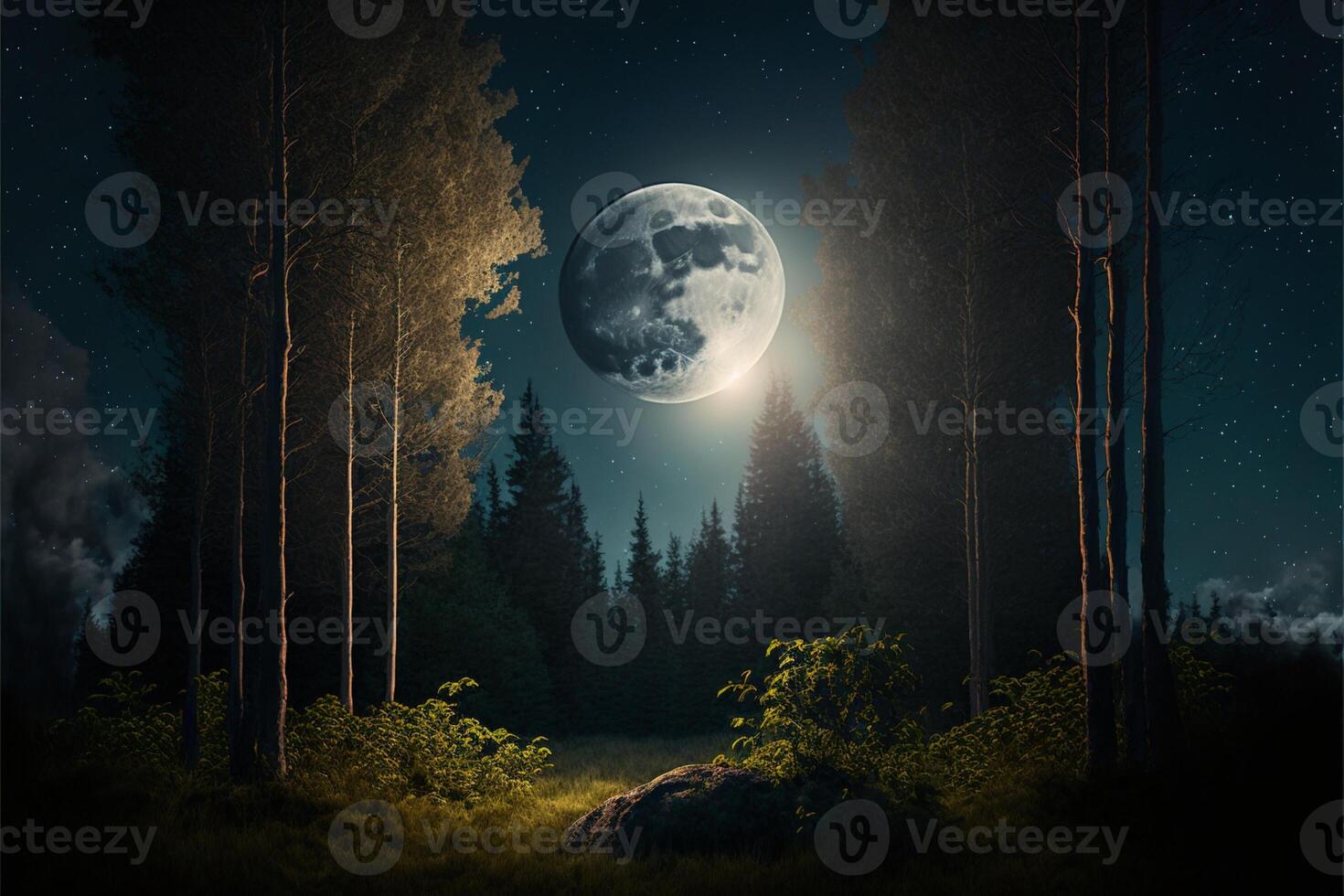 forest with moonrise between the trees evening sky moon. photo