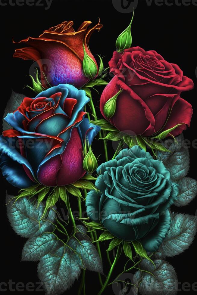 close up of three roses on a black background. . photo
