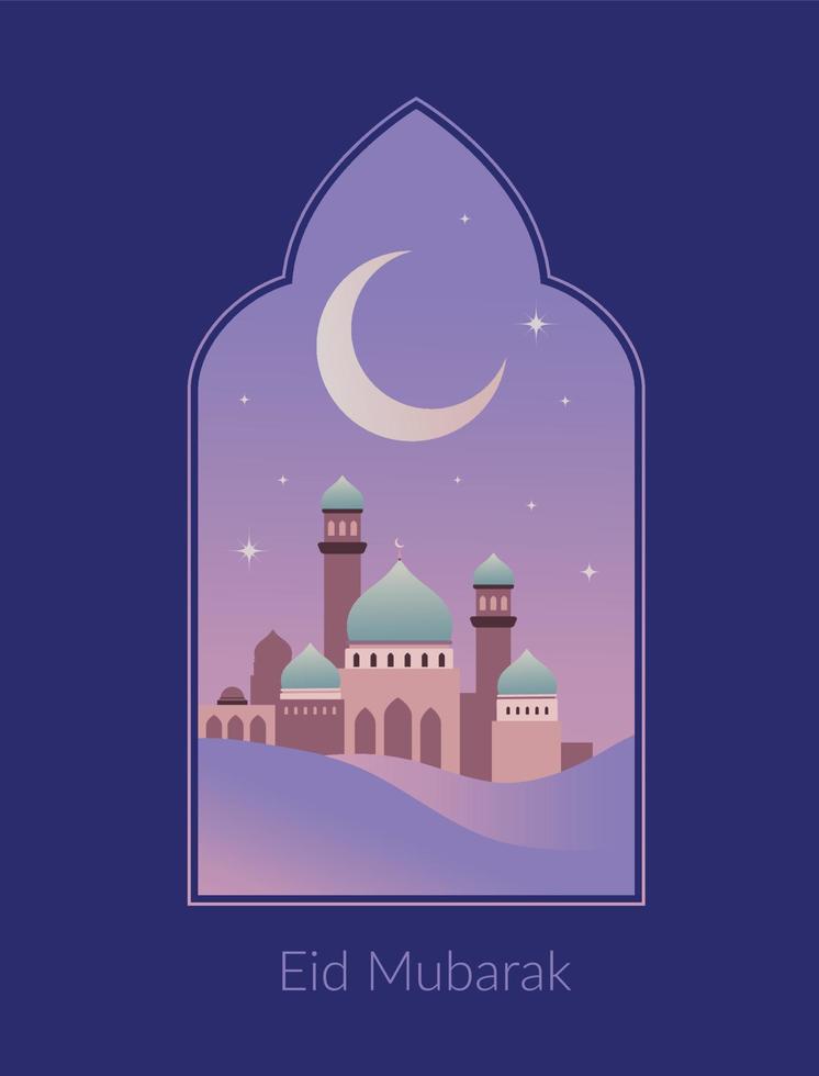 Ramadan vector illustration. Islamic greeting card, invitation, poster, banner. Mosque, arabic city in desert and moon background with frame