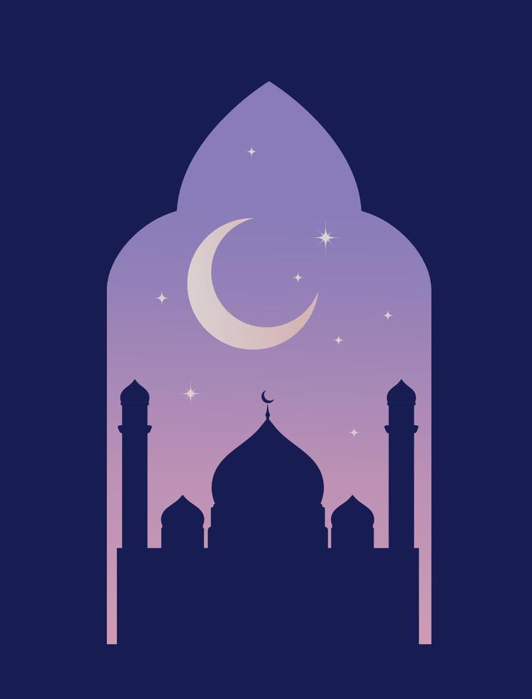 Ramadan vector illustration. Islamic greeting card, poster, banner. Mosque silhouette and crescent background with frame