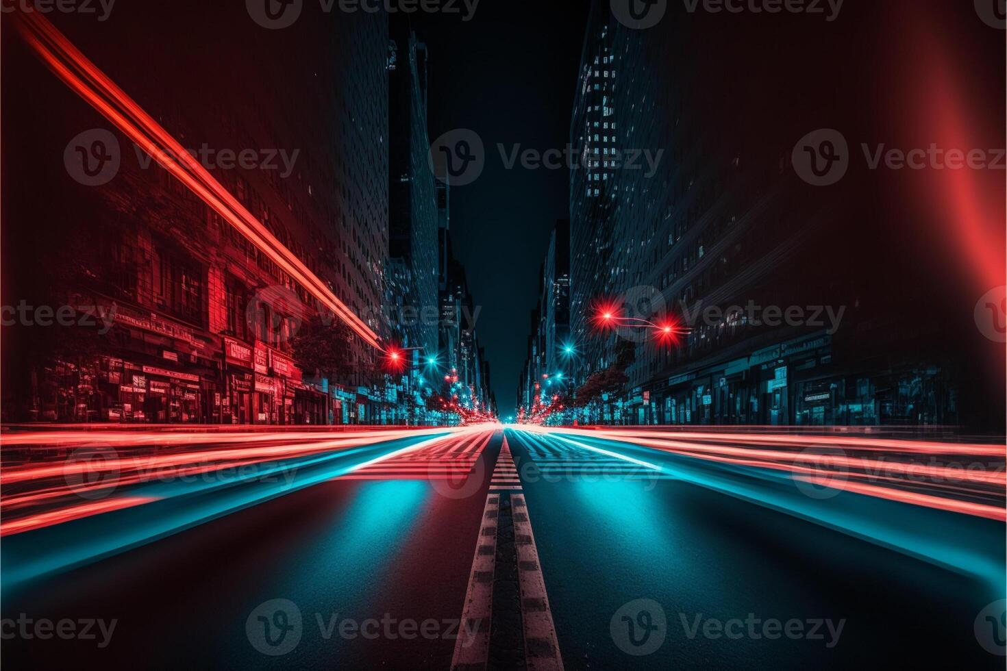 new york street at night skyscrapers long exposure col. photo