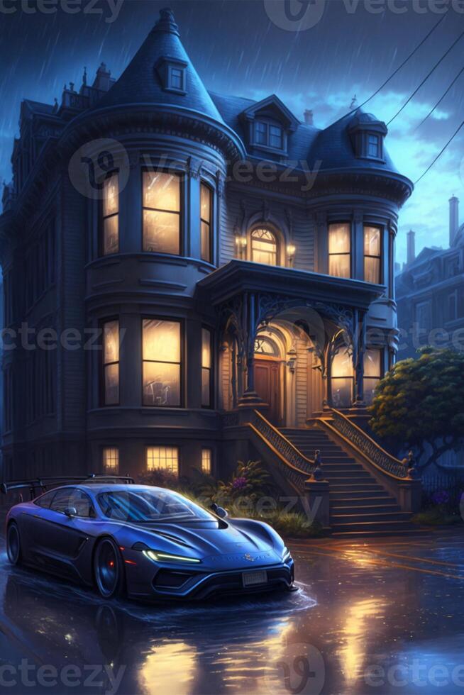 blue sports car parked in front of a house. . photo