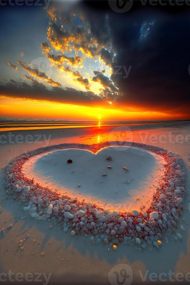 corazón hecho de rocas en un playa a puesta de sol. generativo ai. foto