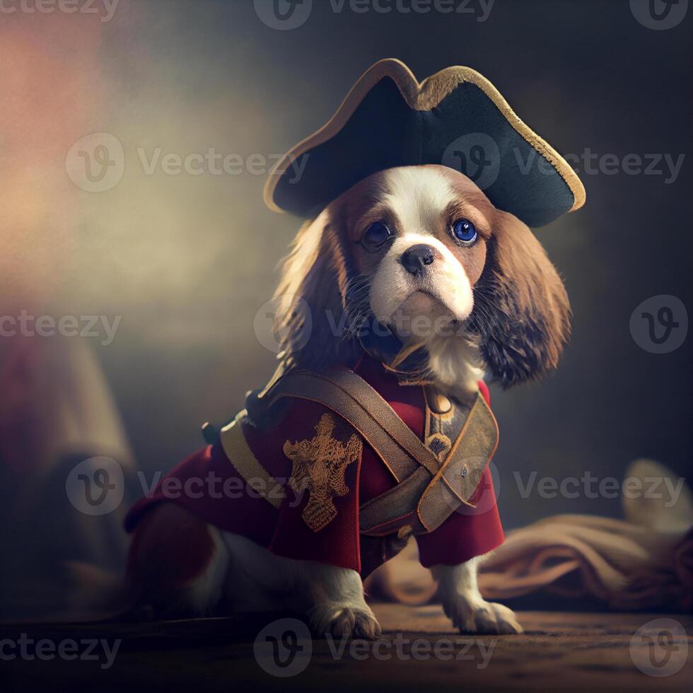 brown and white dog wearing a pirate costume. . photo
