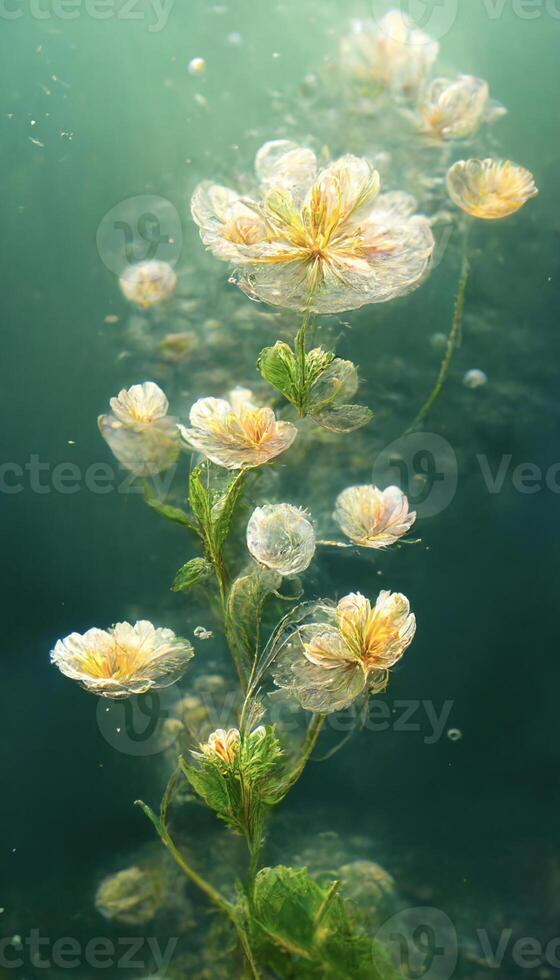 bunch of flowers floating on top of a body of water. . photo