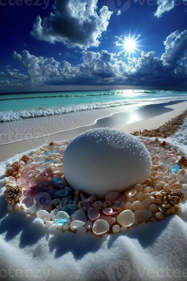 white ball sitting on top of a sandy beach. . photo