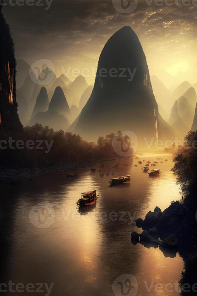 grupo de barcos flotante en parte superior de un río. generativo ai. foto