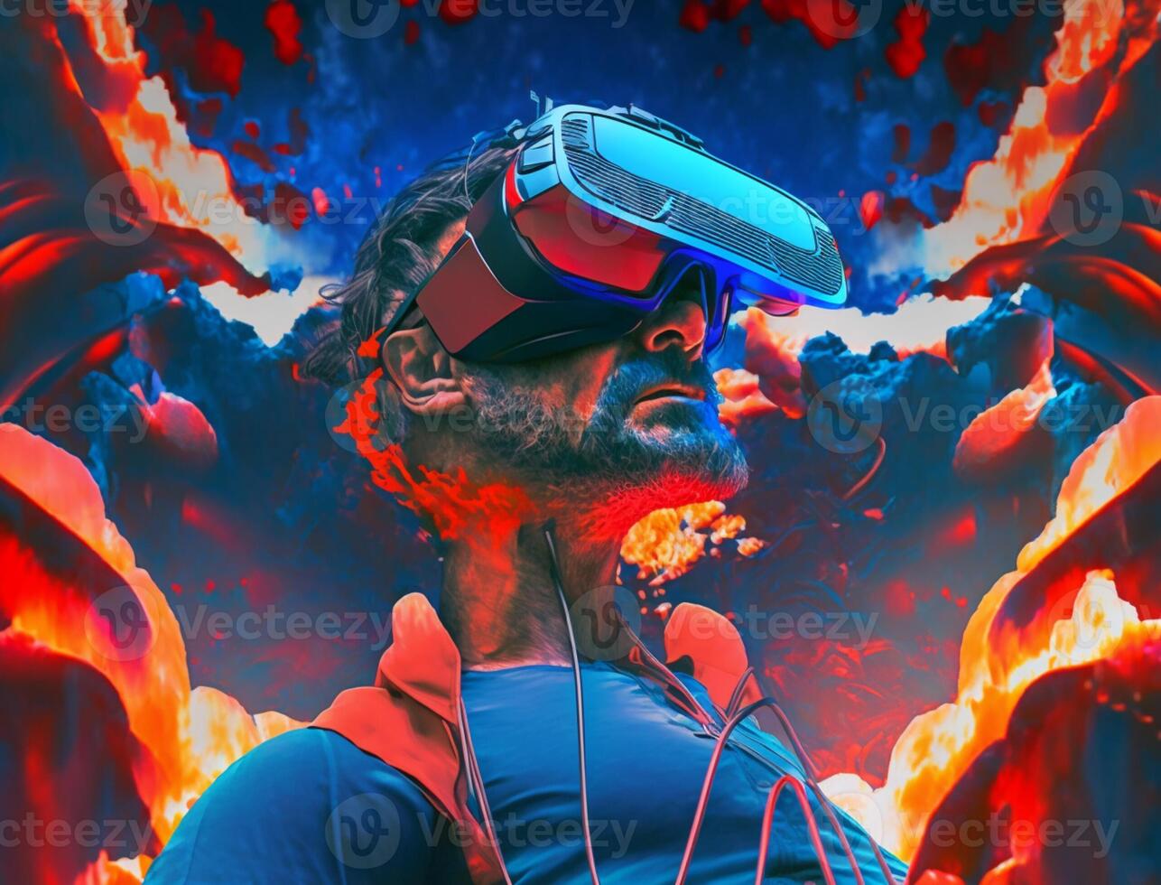 A Man wearing a vr mask on the metaverse, illustration photo