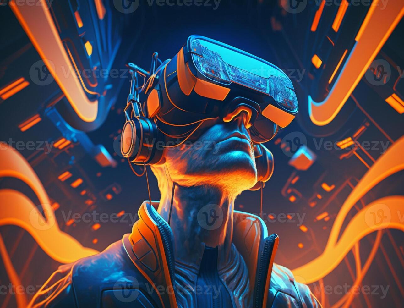 A Man wearing a vr mask on the metaverse, illustration photo