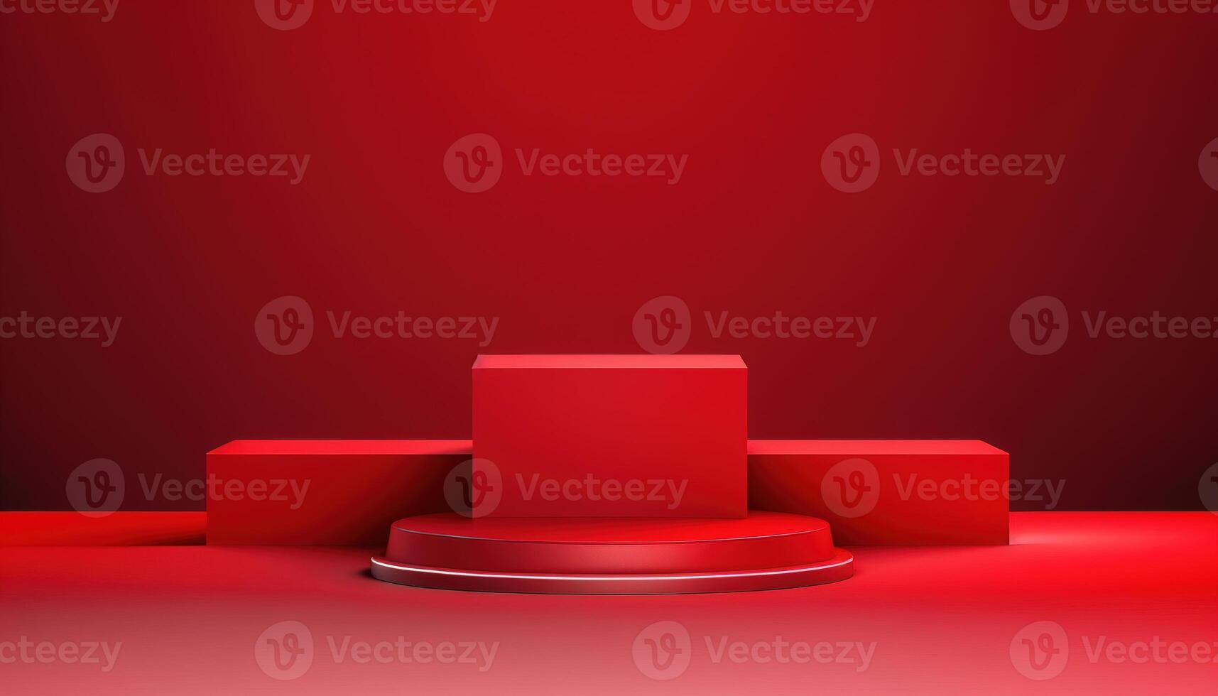 Realistic 3D red theme podium for product display. photo