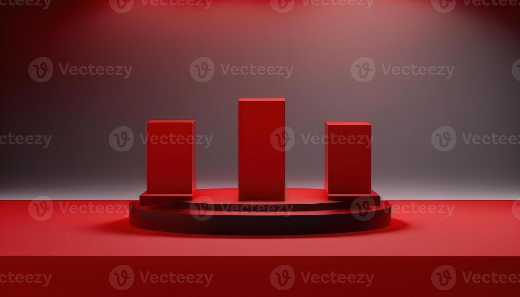 Realistic 3D red theme podium for product display. photo