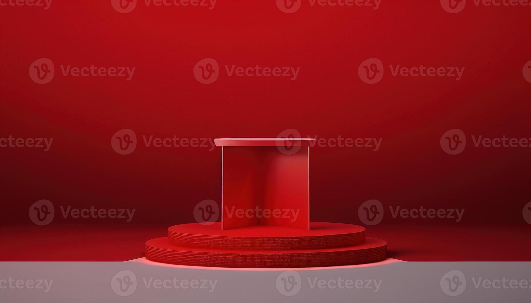 Realistic 3D red theme podium for product display. photo