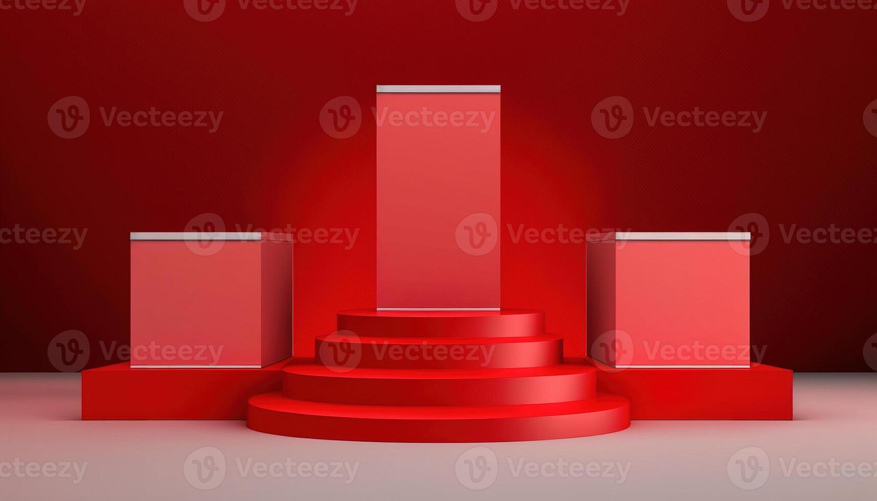 Realistic 3D red theme podium for product display. photo