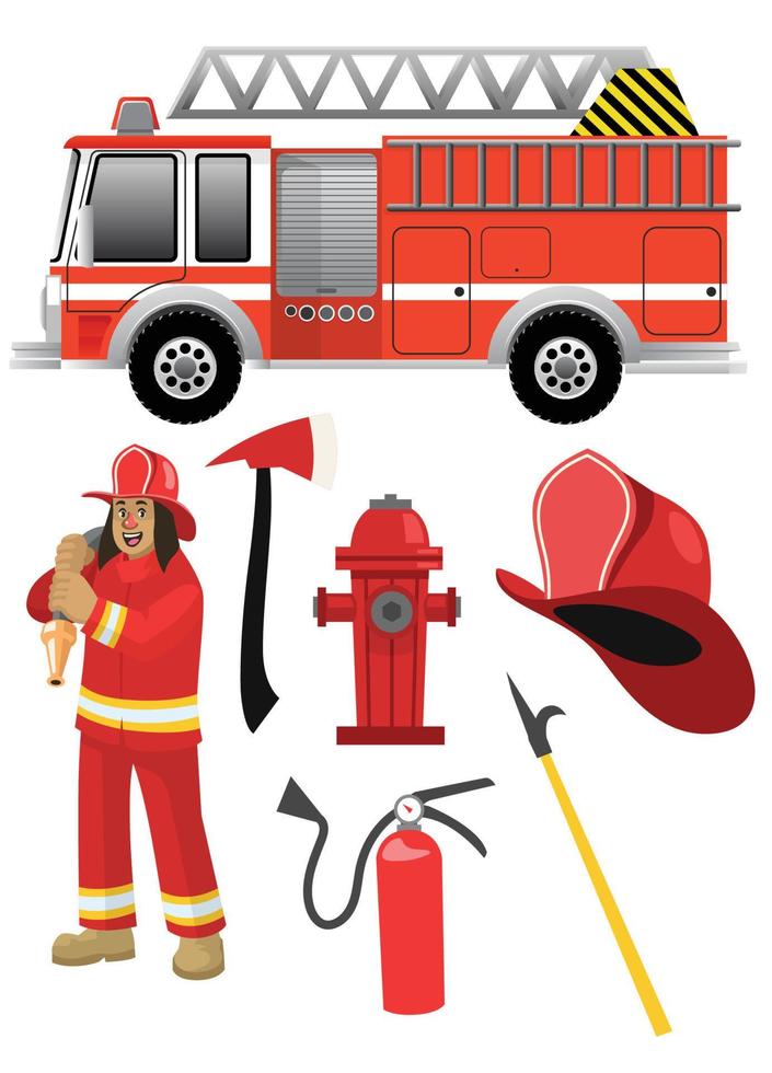 cartoon fire fighter set with the objects vector