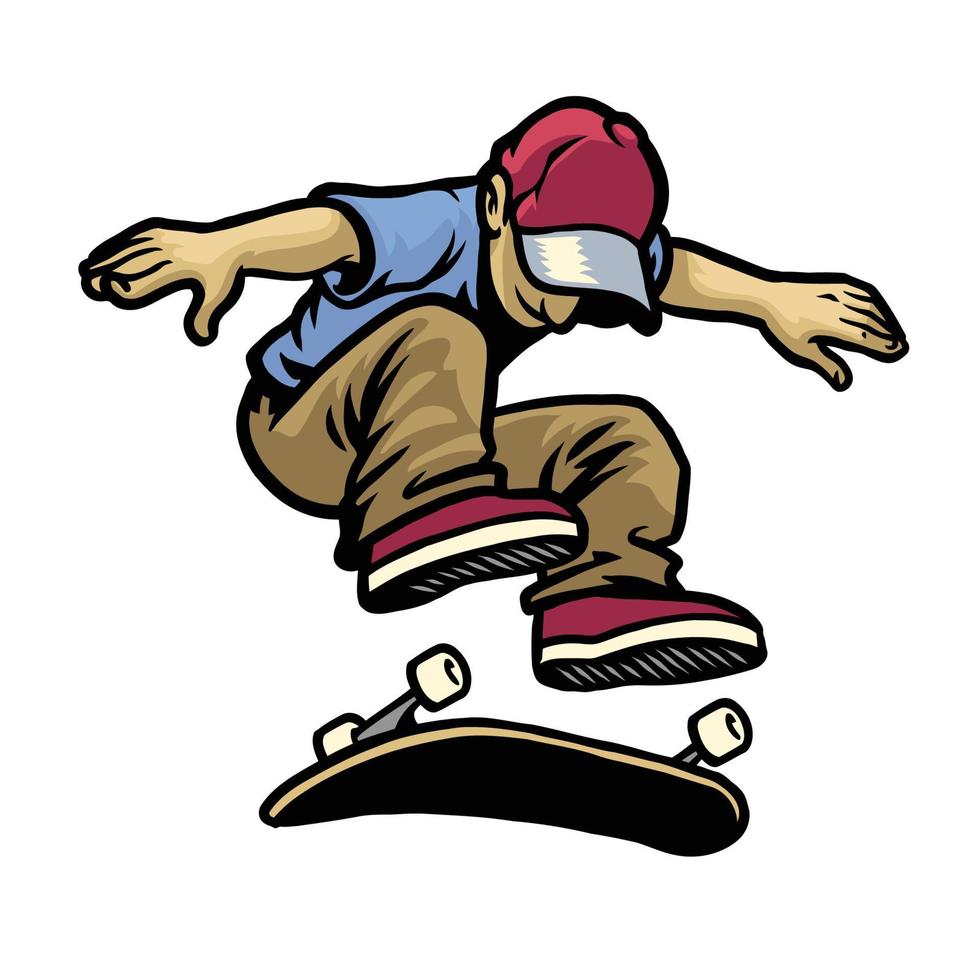 cráneo personaje jugando patineta haciendo kickflip vector