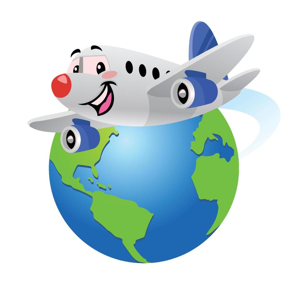 happy cartoon airplane flying around the globe vector