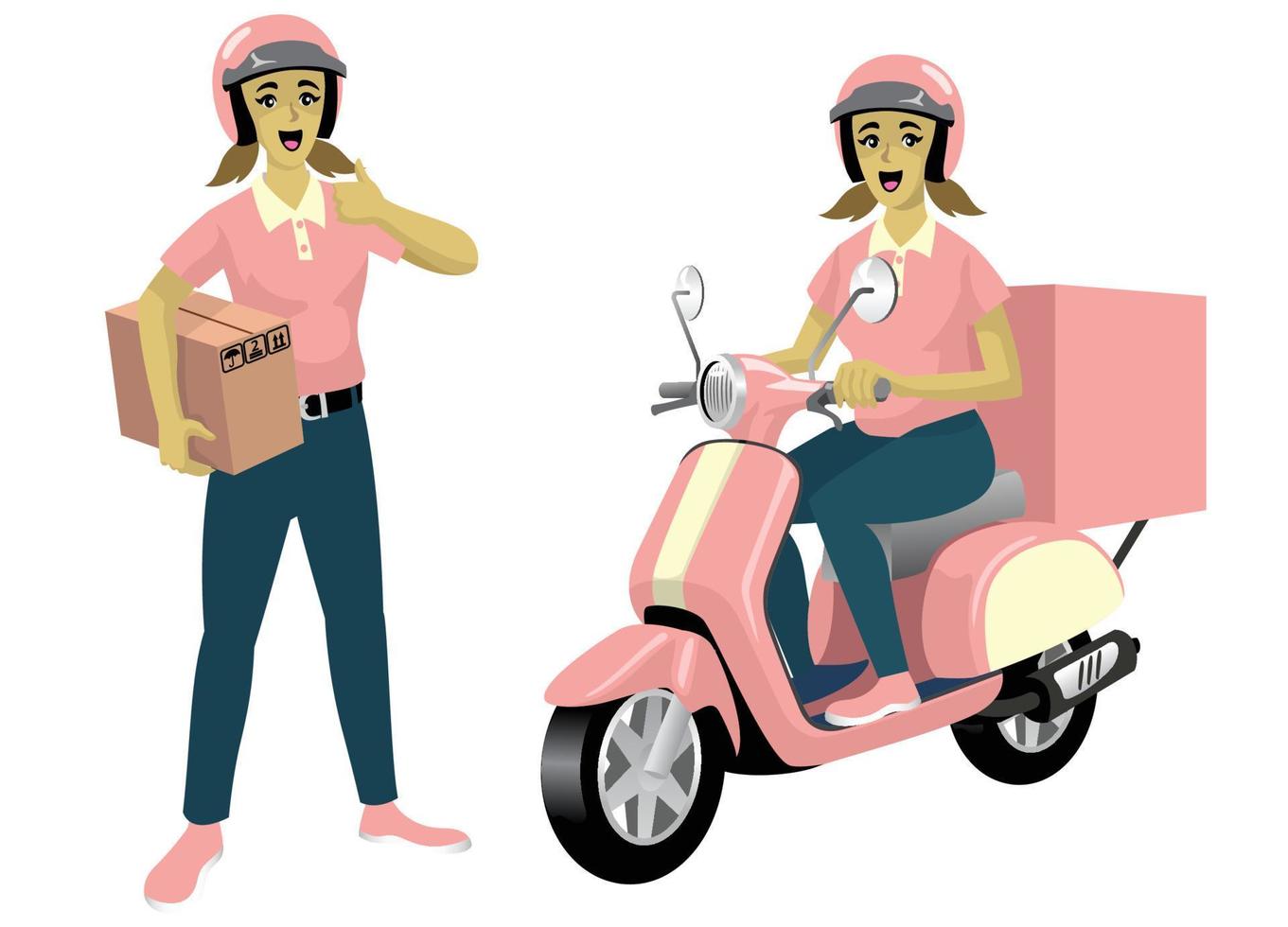 set of women courier worker with her scooter vector