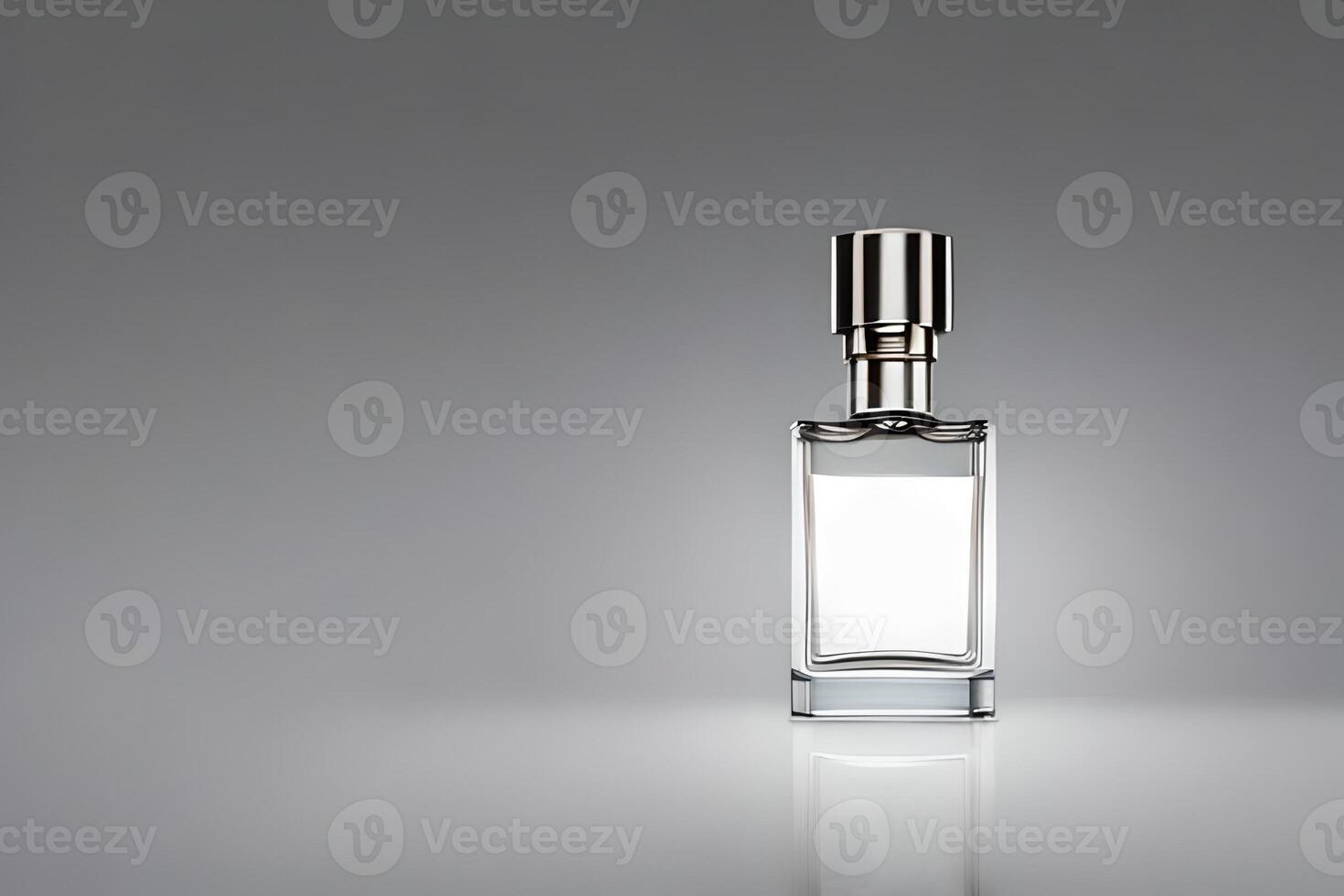 Small white transparent bottle perfume mockup studio shot, isolated background, white label, marketing and product presentation. photo