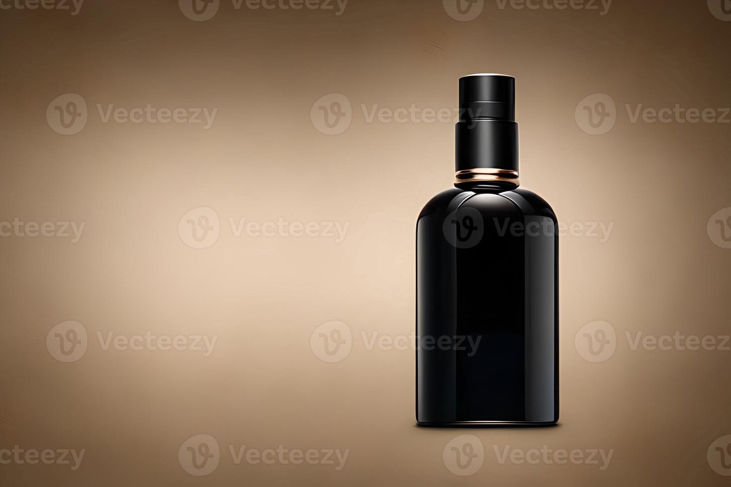 Black bottle perfume or cosmetic mockup studio shot, isolated background, white label, marketing and product presentation. photo