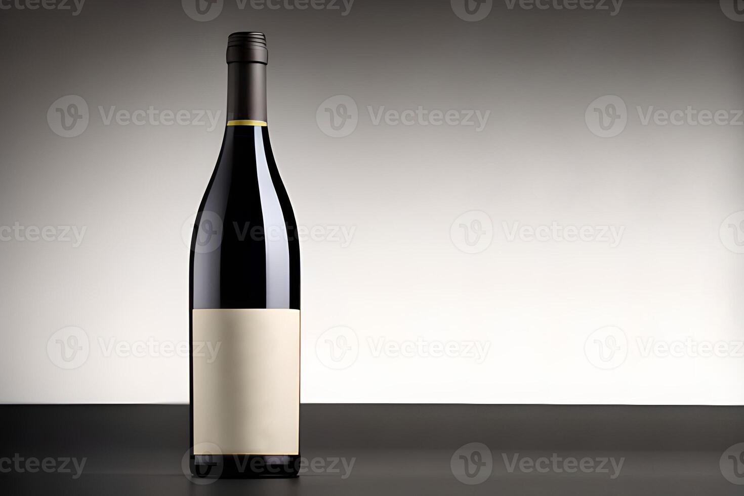 Black Glass wine bottle mockup, studio shoot, good lighting, white sticker label black seal cover, marketing and product presentation. photo