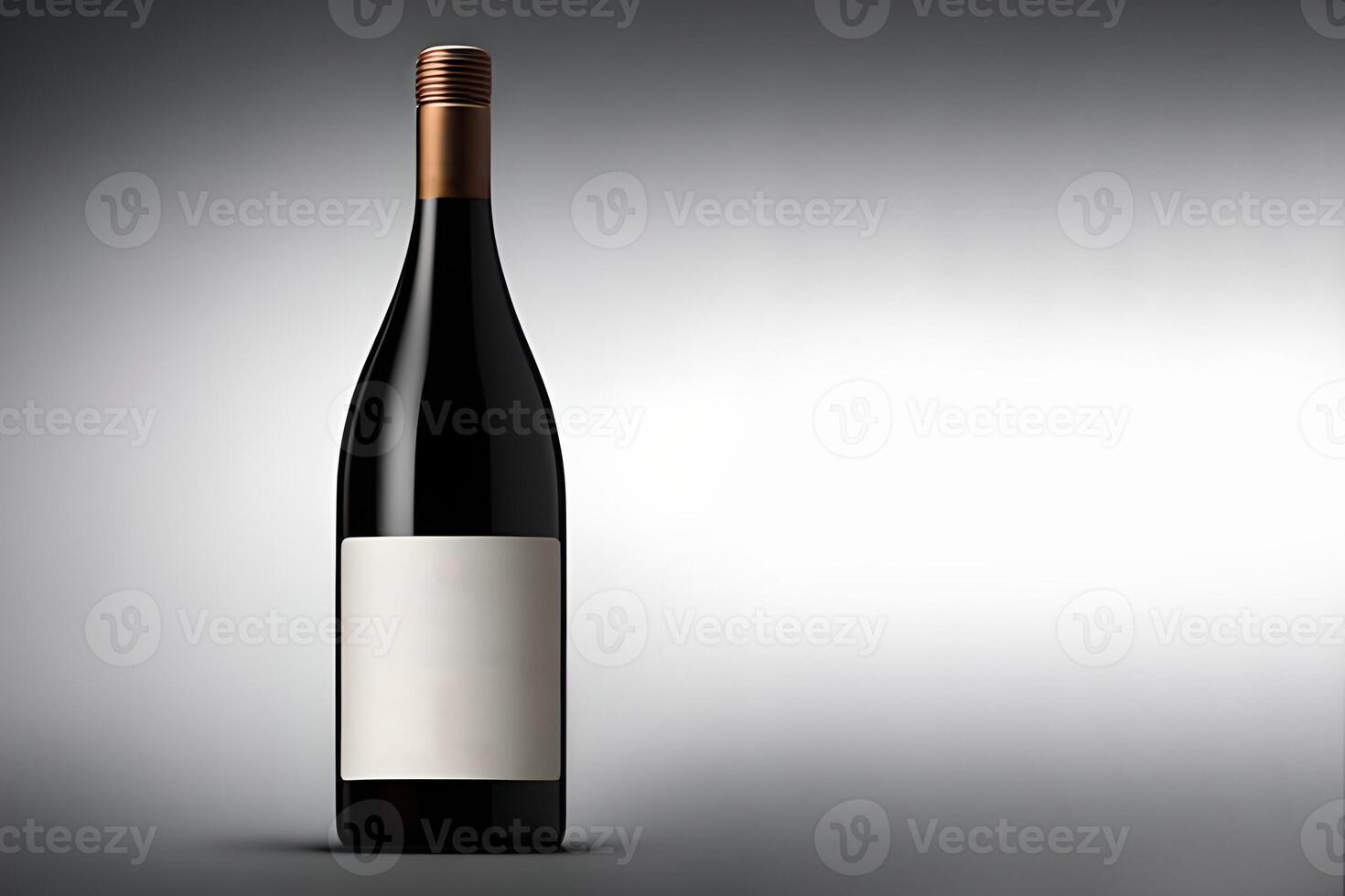 Black Glass wine bottle mockup, studio shoot, good lighting, white sticker label gold seal cover, marketing and product presentation. photo