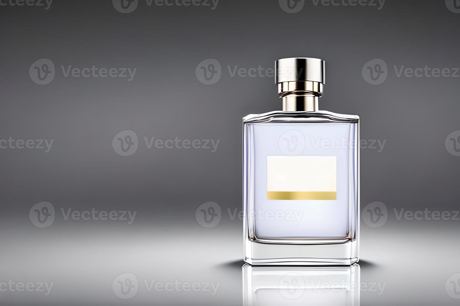 White transparent bottle perfume mockup studio shot, isolated background, white label, marketing and product presentation. photo