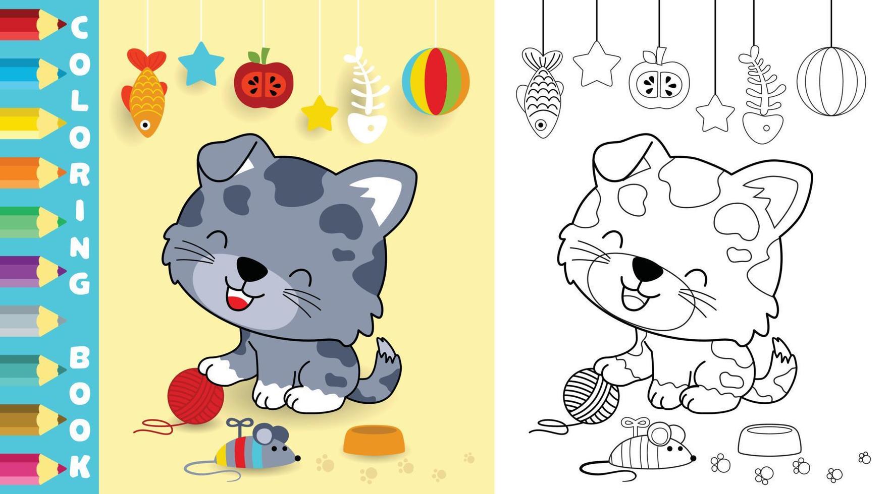 vector ilustración de linda gatito dibujos animados con eso juguetes, colorante página o libro