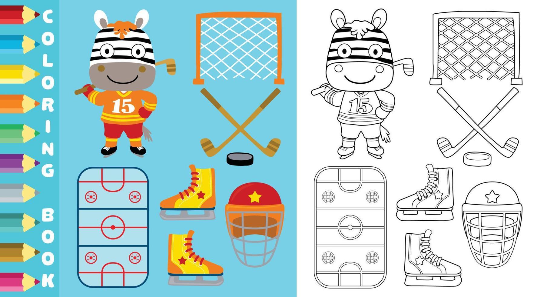 vector dibujos animados conjunto de hockey elementos con gracioso cebra en hockey jugador traje, colorante página o libro