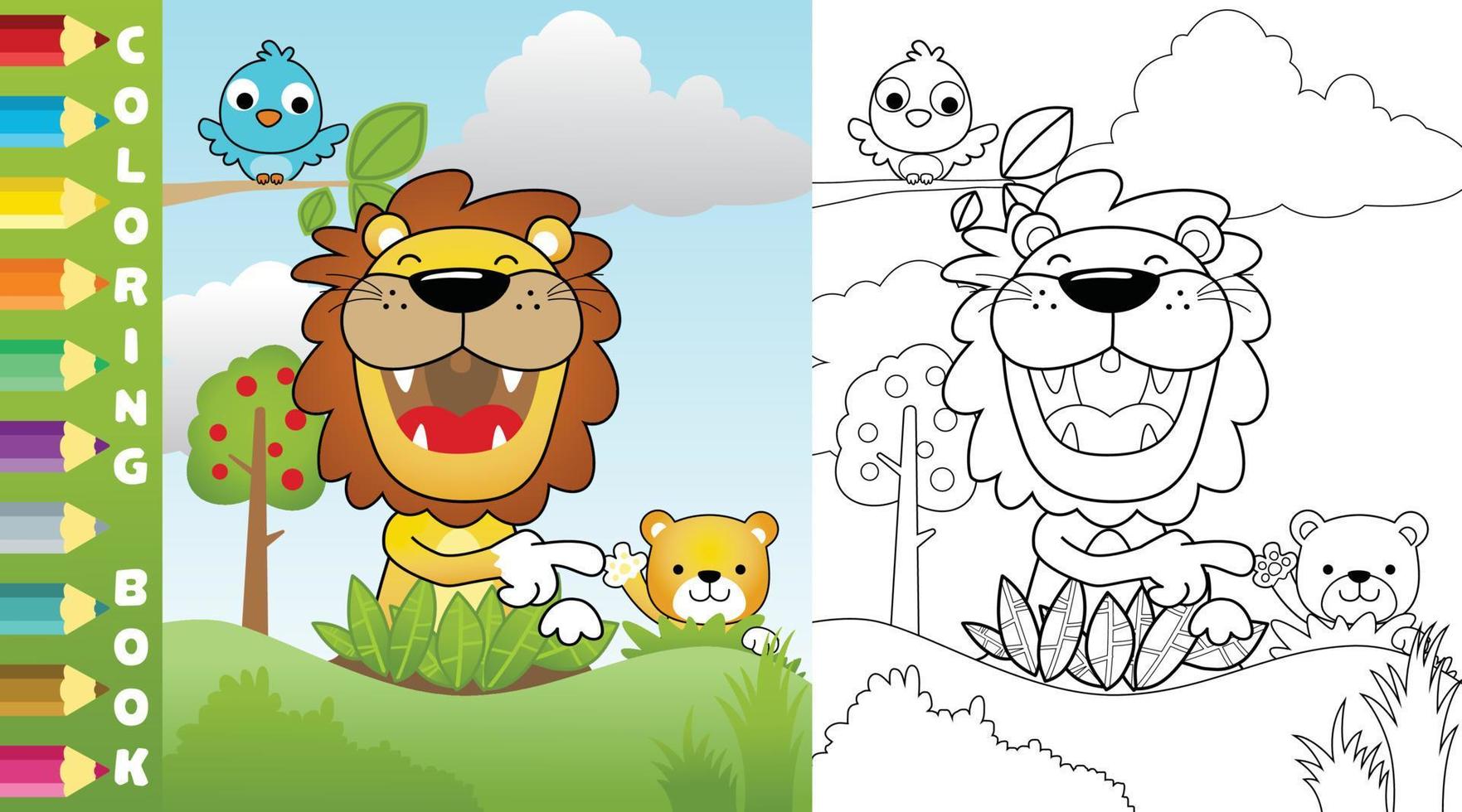Vector illustration of cartoon lion with it cub, little bird on tree branches, coloring page or book
