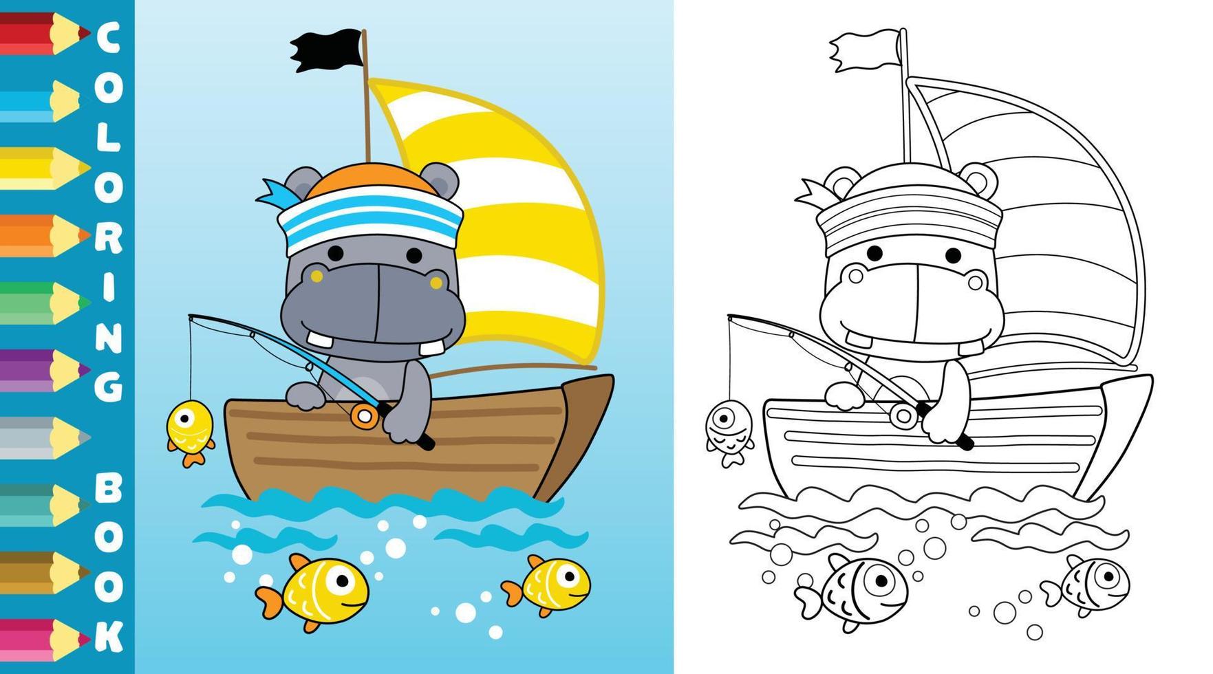 Vector cartoon of cute hippo wearing sailor cap fishing on sailboat, coloring page or book