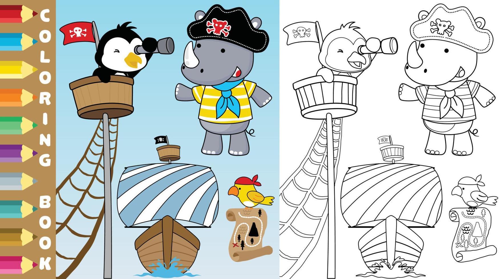 Vector cartoon of pirate elements with rhino in pirate costume, penguin with binocular, parrot with map, coloring page or book