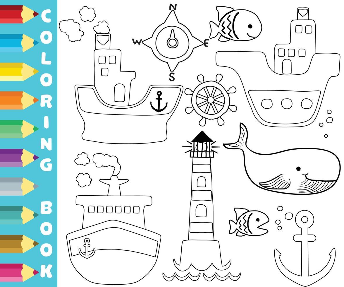 Coloring page or book of cruise elements cartoon with marine animals. Vector cartoon illustration