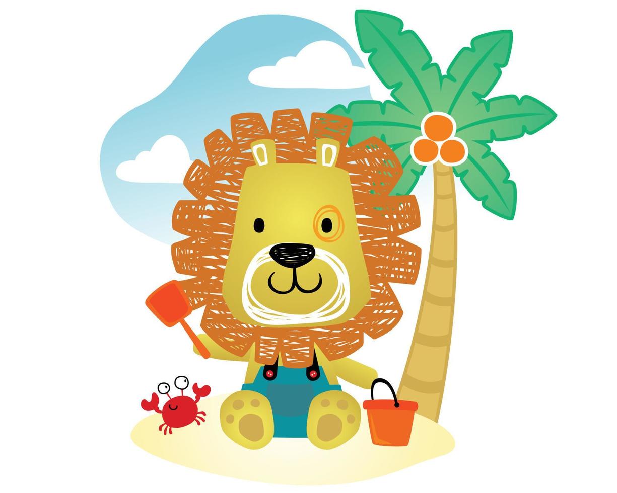 Vector cartoon of cute lion under coconut tree holding shovel and bucket with crab