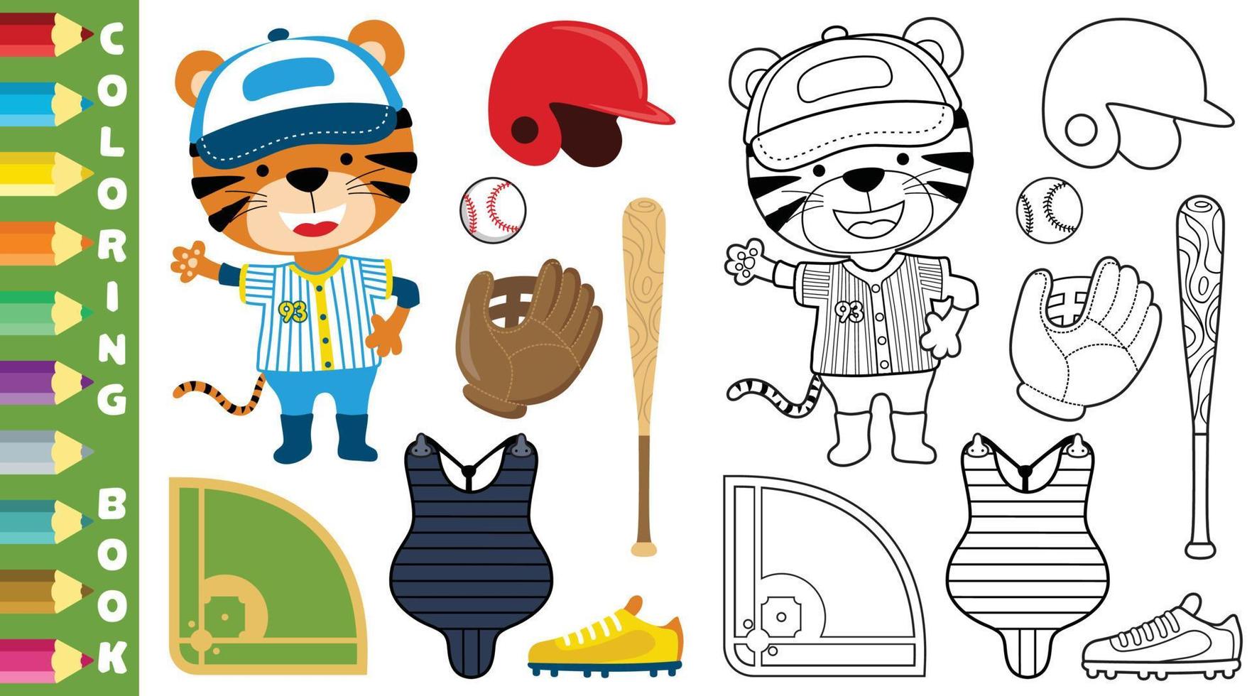 Vector set of baseball elements with funny tiger in baseball player costume, coloring page or book