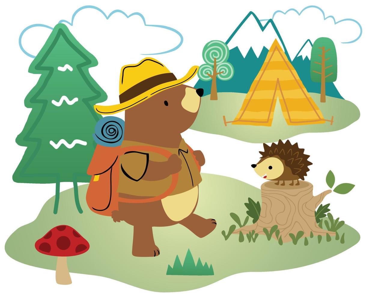 Vector cartoon of camping in the forest with funny bear and hedgehog, camping elements illustration