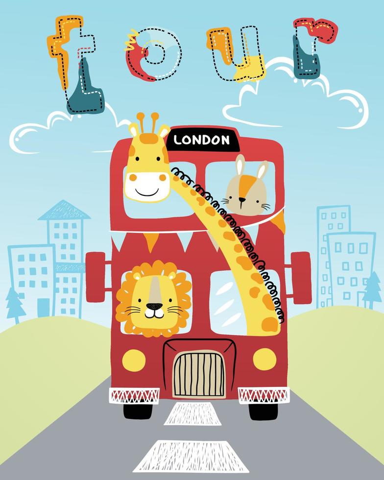 Vector of funny animals cartoon on red bus in city road