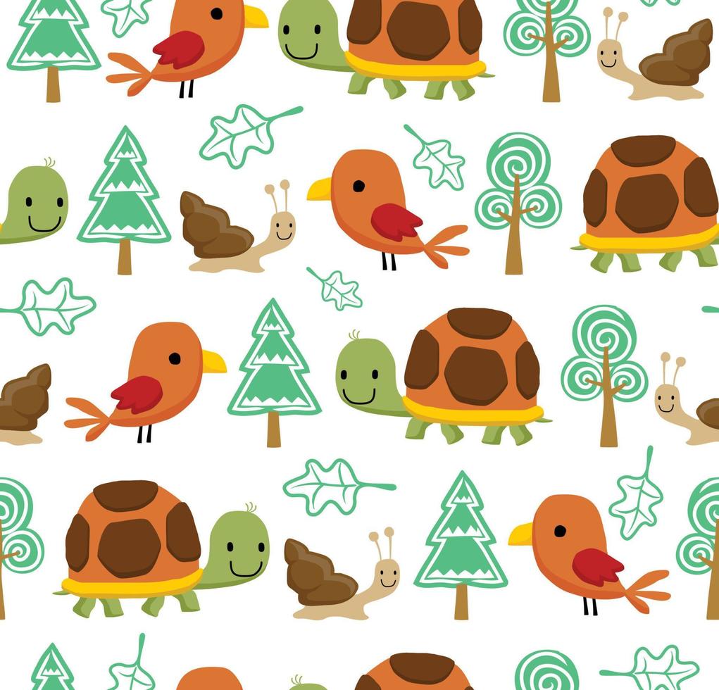 Vector seamless pattern of funny little animals cartoon with trees. Turtle, birds and snail