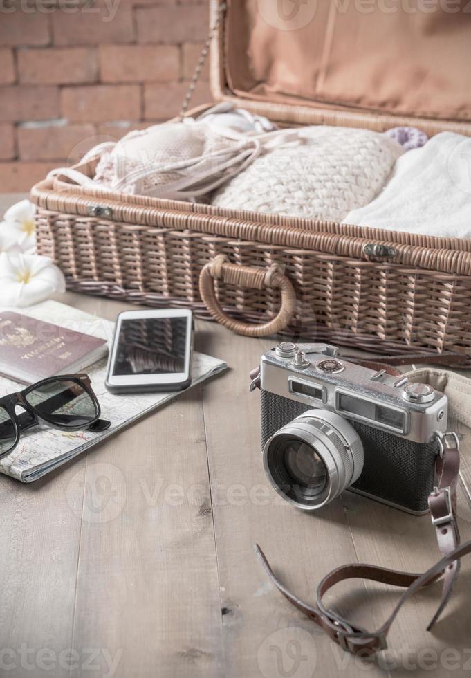vintage camera and vintage tone, prepare accessories and travel items photo