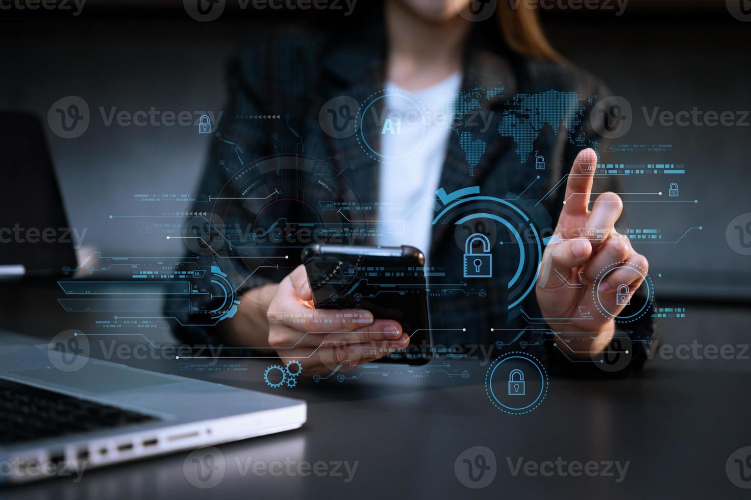 Cyber security and data protection. Business using computer and  tablet protecting business and financial data with virtual from cyber attack, cybersecurity technology in office photo