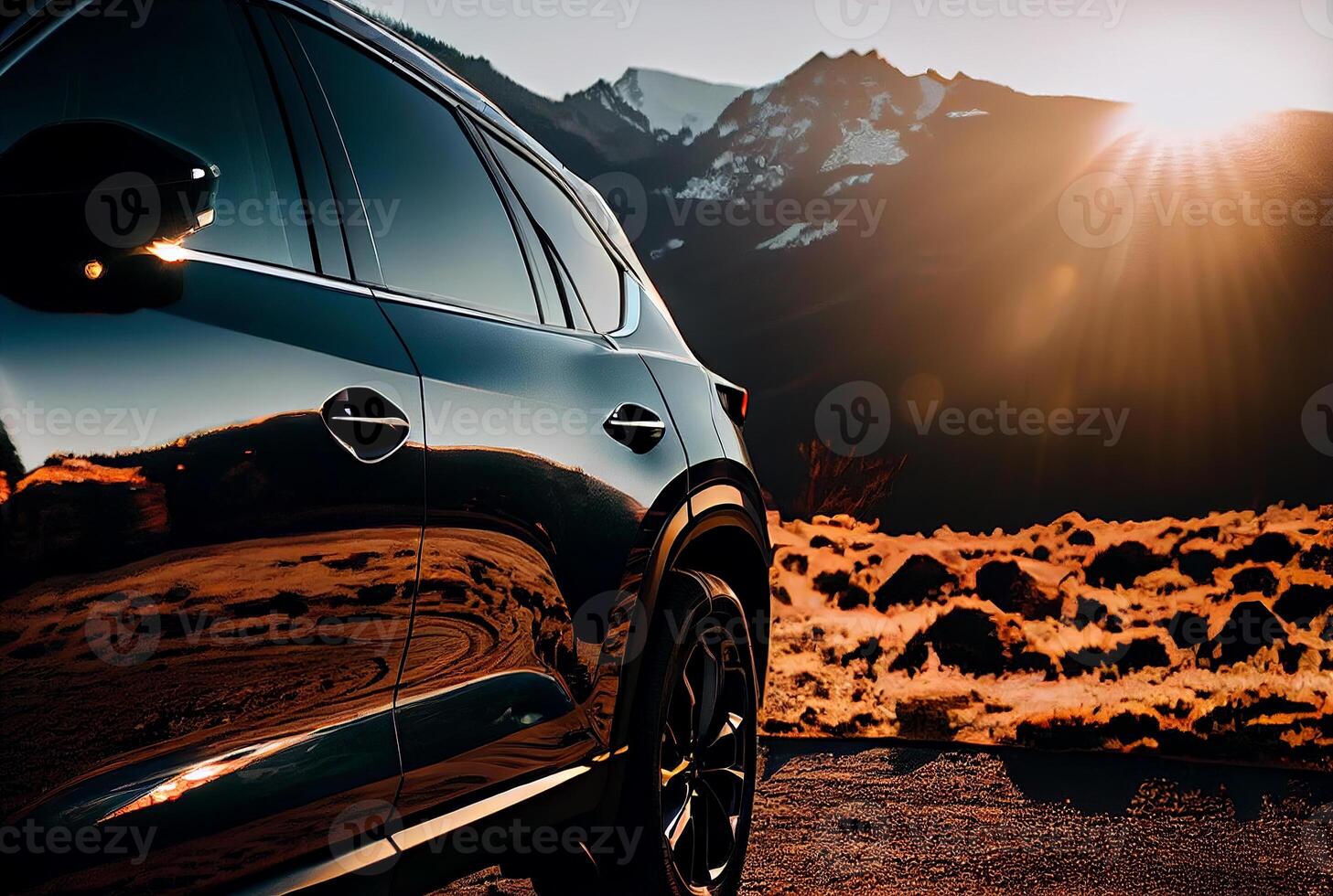 Electric suv cars parked in the view point with mountains in the background. photo