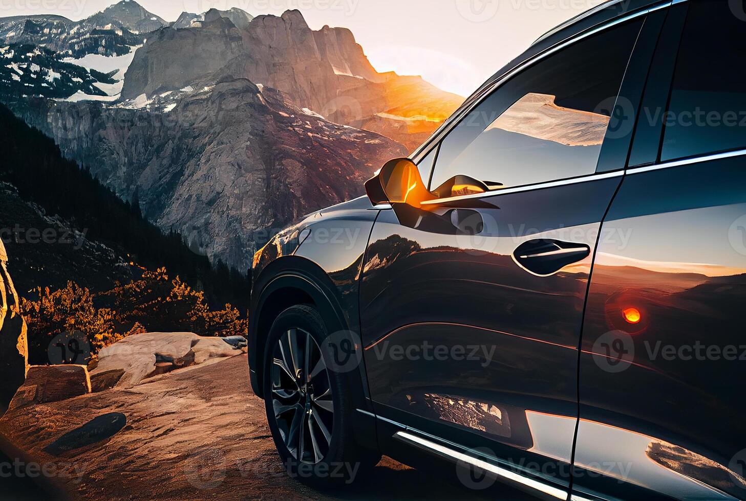 Electric suv cars parked in the view point with mountains in the background. photo