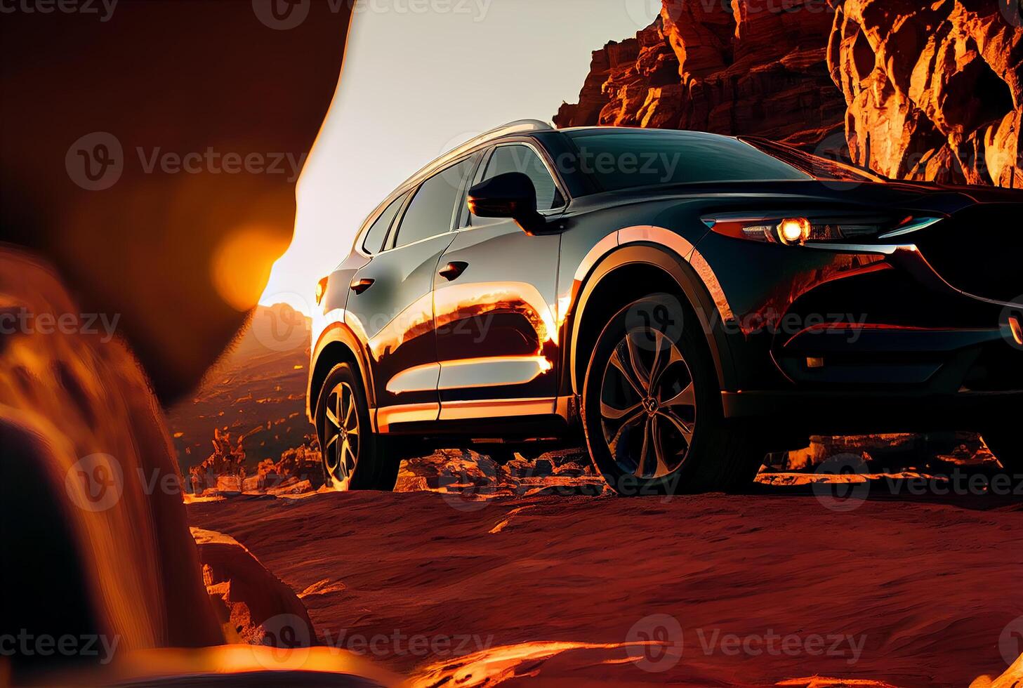 Electric suv cars parked in the view point with mountains in the background. photo