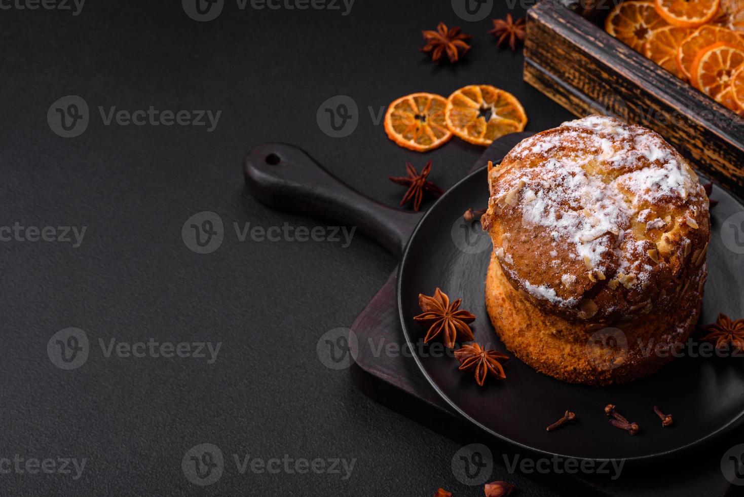 Delicious fresh christmas pie with fruit and raisin panettone photo