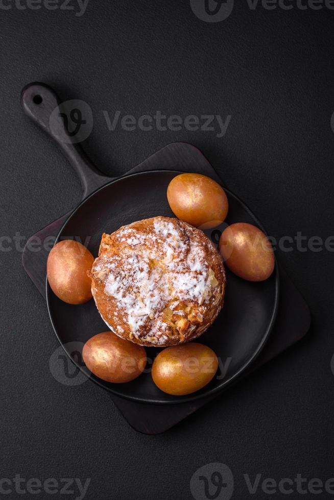 Delicious fresh Easter cake with fruits and raisins photo