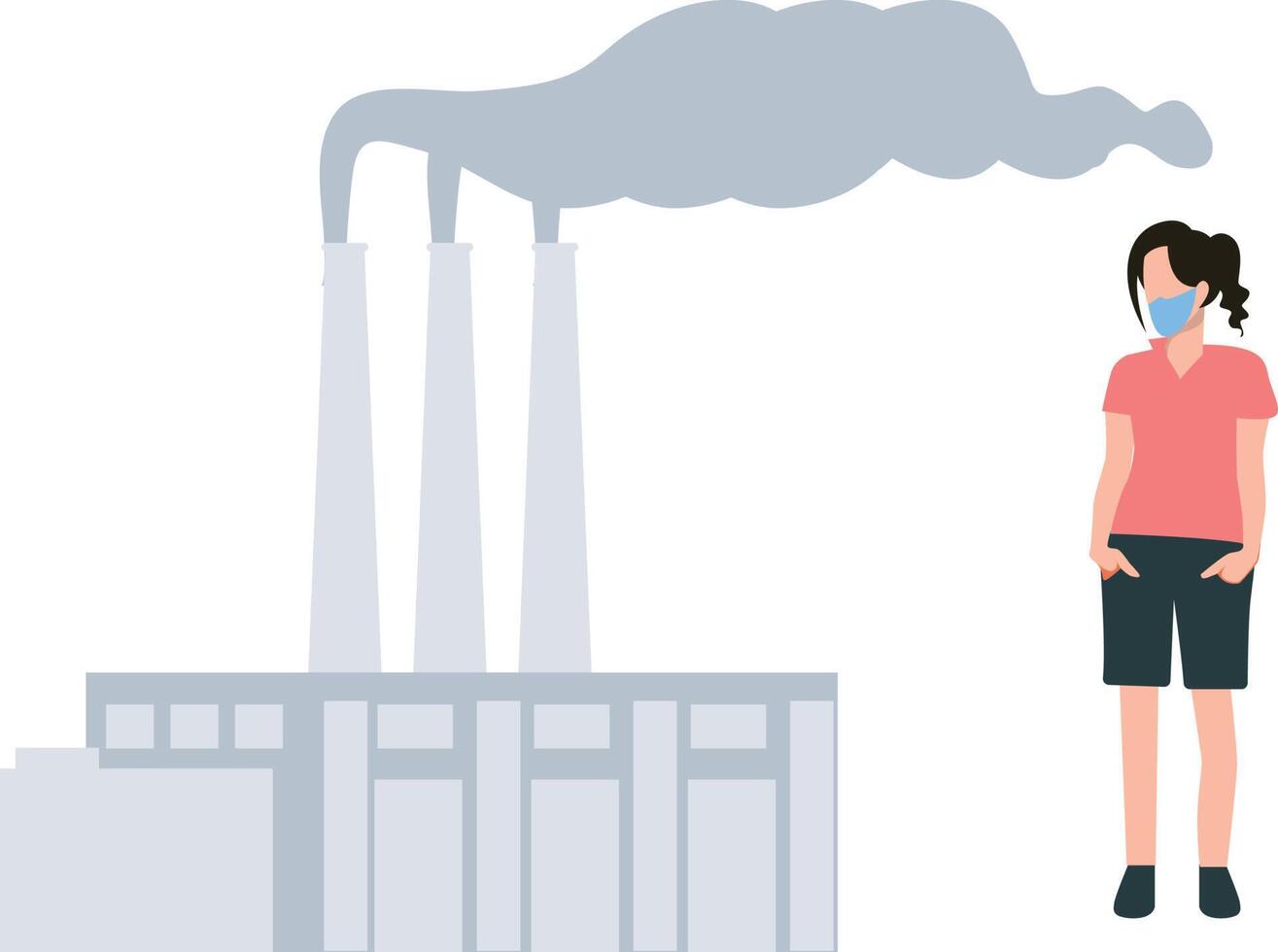 A girl wearing a mask looks at the pollution from the factory smoke. vector